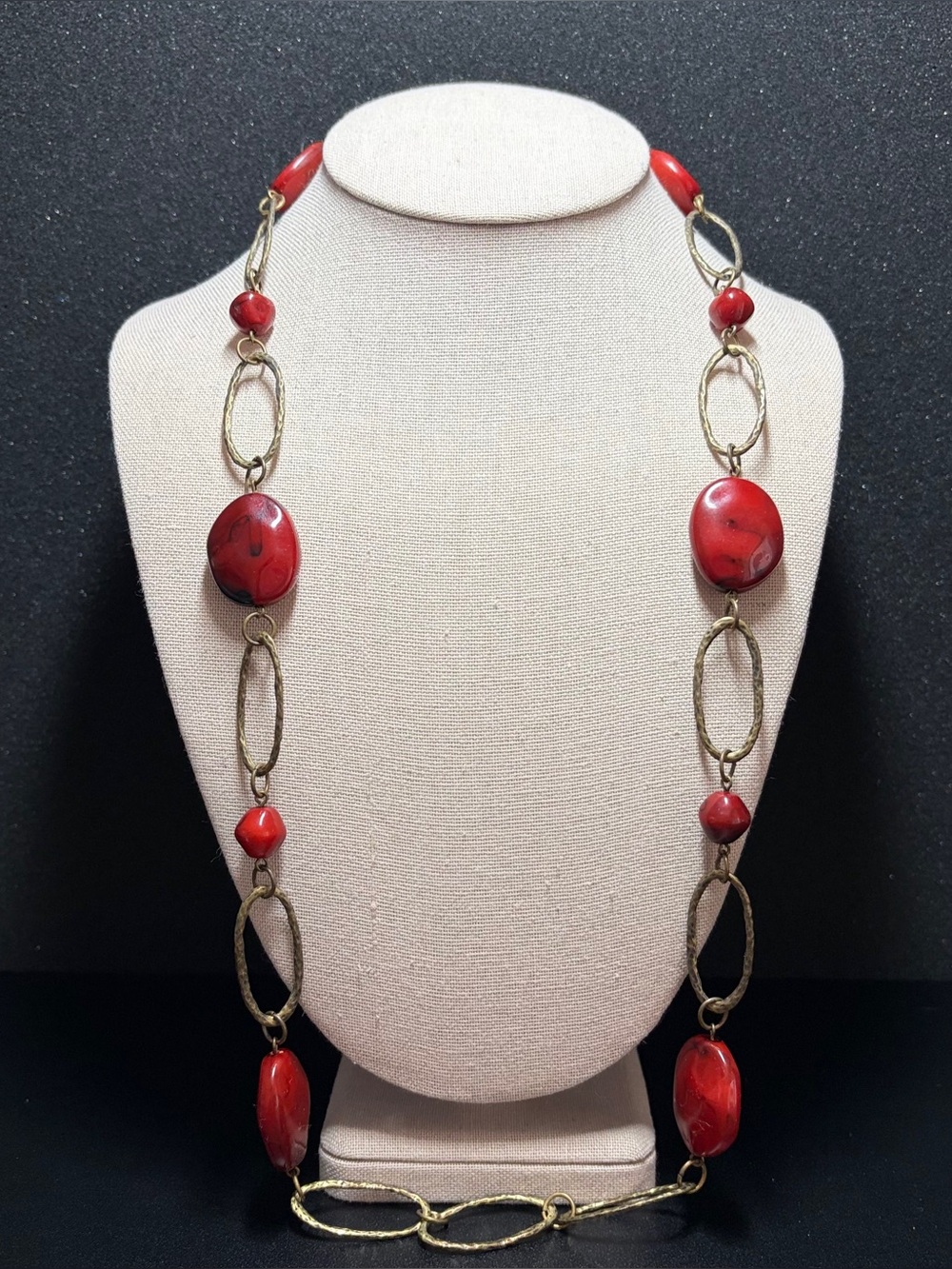 Long Red Stone Gold Link Necklace